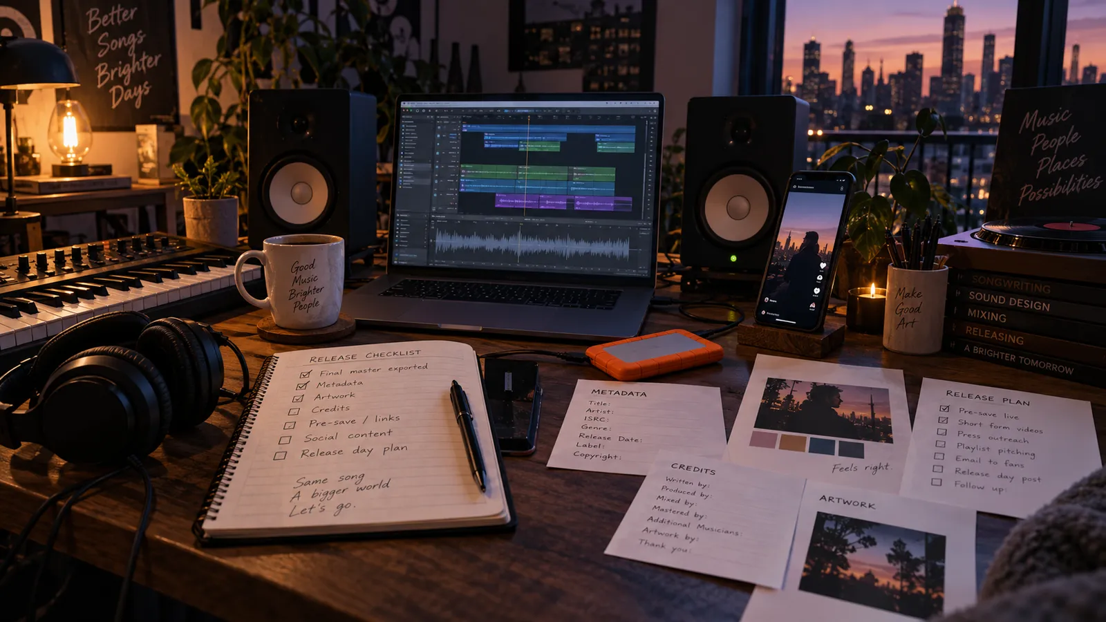 A home studio desk at night, with a laptop showing a DAW session, a synth keyboard, monitors either side, and a handwritten release checklist.